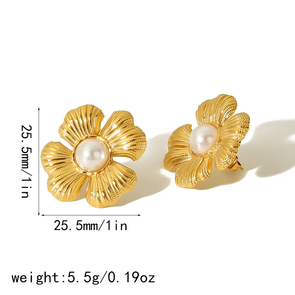 1 Paar wunderschöne Ohrstecker für Damen im Vintage-Stil, Blumenform, Edelstahl, 18 Karat vergoldet, eingelegte Kunstperle h5 Bild2